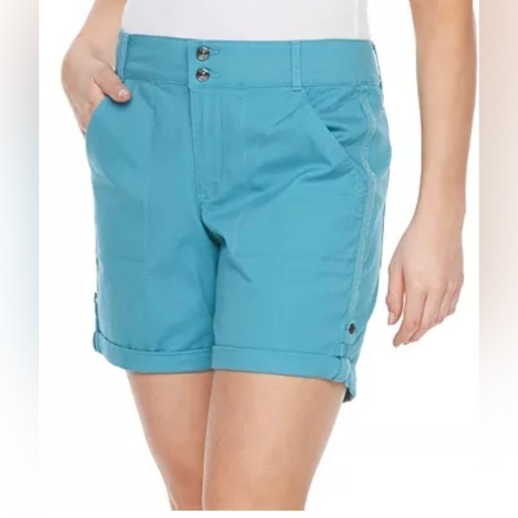 Gloria Vanderbilt Maren Twill Shorts Turquoise Blue Women’s Size 8 Roll Tab - Picture 1 of 8